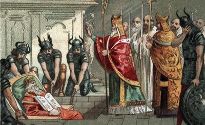Nagy Károly temetése 814-ben a németországi aacheni katedrálisban. A 19. század végének kromolitográfiája. alkotó: Unknown artist