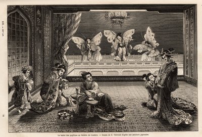 Pillangóbalett a Gankiro Színházban, Jokohamában, a Miyozaki Pleasure District-ben. Aime Humbert, a Svájci Államszövetség minisztere 1863–1864-es metszete a japán utazás szemléltetésére, megjelent a „le tour du monde” című folyóiratban. alkotó: Unknown artist
