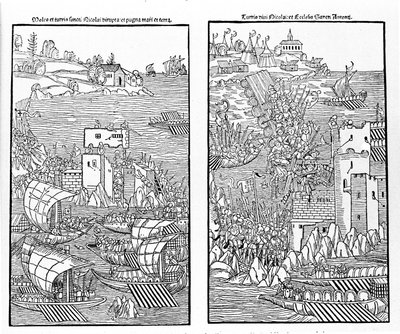 Rodosz elfoglalása a törökök által 1522-ben. A törökök megtámadják Szent Miklós erődjét. Fafaragás. alkotó: Unknown artist