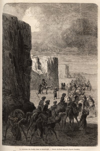 A hadik (muzulmán pelerinek) karavánja Korantaghiban (Perzsia, Irán). Emile Bayard (1837-1891) rajza, Arminius Vambery (dervisbe öltözött magyar tudós álruhája) 1863-as közép-ázsiai utazásának illusztrálására. Metszet a „” Le tour du mond nyelven alkotó: Unknown artist