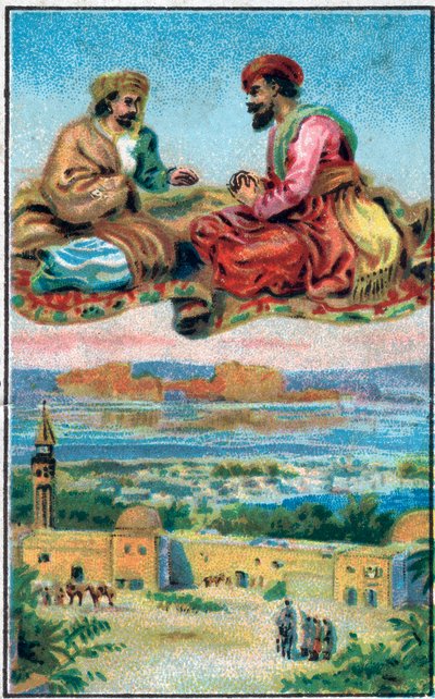 A szőnyeg gyönyörködtet. Ahmed herceg története és a díj Párizs-Banou (Pari Banou) (Paribanu). 1001 éjszaka meséje (az ezeregy éjszaka meséi). A 19. század végének kromolitográfiája. alkotó: Unknown artist