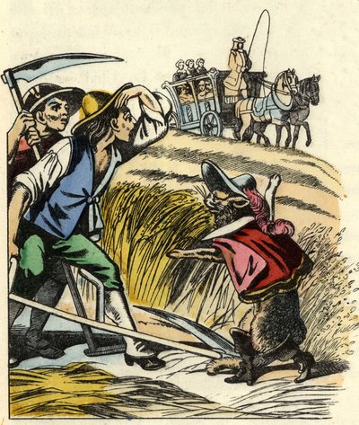 A macska arra kényszeríti a parasztokat, hogy azt mondják, hogy a mező, amelyen búzát kaszálnak, Carabas márkié. Illusztráció Charles Perrault „The cat botte” című meséjéről alkotó: Unknown artist