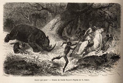 Az orrszarvú rohama, amely felborítja és csapdába ejti a vadászokat, a szerző és vezetői keresése közben. Sir Samuel W. Baker 1861–62-es metszete a Nílus abesszin mellékfolyóinak feltárását szemléltetve, megjelent a „” Le tou alkotó: Unknown artist