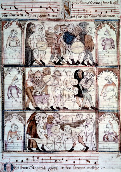 A charivari ünnepség Fauvel esküvőjére. Zenészek és transzvesztiták felvonulása. Miniatűr Gervais du Bus (Gerves du Bus) „Le roman de fauvel” kéziratából alkotó: Unknown artist