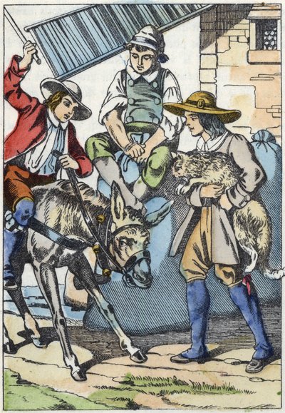 A most meghalt felvezető gyermekei osztoznak a birtokán: szamár, malom és macska. Illusztráció Charles Perrault „The cat botte” című meséjéről alkotó: Unknown artist