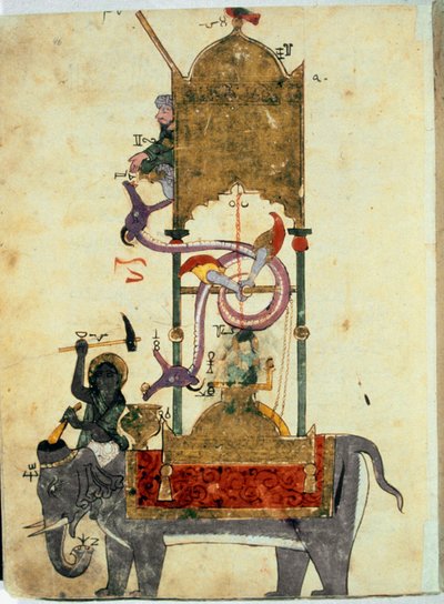 A klepsydrában van az elefánt Ez egy középkori muszlim találmány, amely egy elefánt alakú vízórából áll, amelyet Ibn al-Rajjaj al-Jazari (Al Rajjaj Al Jazari) török mérnök (1136-1206) tervezett 1200 körül. A találmányt a törökök tervezték. motor alkotó: Unknown artist