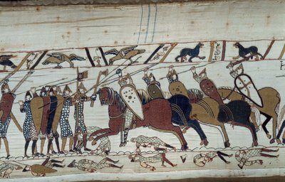 Anglia meghódítása Normandia hercege, Hódító Vilmos (1027-1087) által 1066-ban: a hastingsi csata jelenete a normann gyalogsággal és a szász lovassággal szemben Bayeux kárpitjának részlete vagy Mathilde királynő hímzése alkotó: Unknown artist