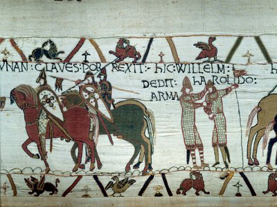 Hódító Vilmos normandiai herceg (1027-1087) Bretagne meghódítása: bal oldalon a herceg Dinan város kulcsait kapja, jobbról Harold lovagot csinál, akit Hitvalló Edward angol király küldött. a kárpit alkotó: Unknown artist