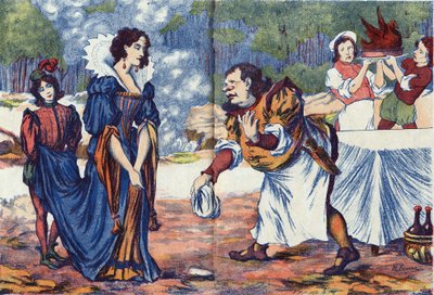A szakácsnő azt válaszolja a hercegnőnek, hogy ő készíti Riquet esküvői lakomáját. Névtelen illusztráció a „Riquet a la houppe”-hoz, Charles Perrault (1628-1703) francia író meséje. Képek Marcel Vagne, Jarville Nancy, dátum nélküli (19. század vége). alkotó: Unknown artist