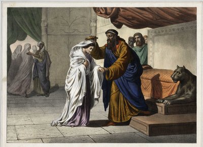 Eszter megkoronázása: 1. Assvérus perzsa király (1. Xerxész) megkoronázza feleségét, Esztert. századi névtelen metszet. alkotó: Unknown artist