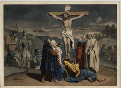 Krisztus keresztre feszítése. „INRI”” felirat a kereszten. Névtelen metszet a 19. század közepéről. alkotó: Unknown artist
