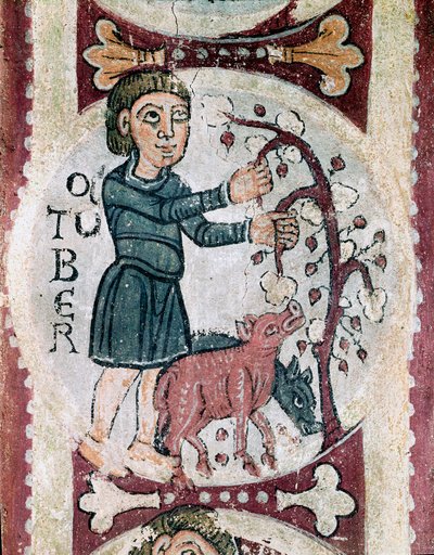 A hónapok ciklusa: Október: makkgyűjtés. Egy 12. századi freskó részlete a San Isidoro Real Colegiata (Royal Collegiale of Saint Isidore) királyi panteonjáról. Leon. alkotó: Unknown artist