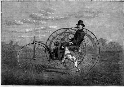 A cynofere: kutyák által hajtott velocipéd. A 19. század végének találmánya. Az 1876. május 6-i „The Illustrious Universe” című metszet. alkotó: Unknown artist