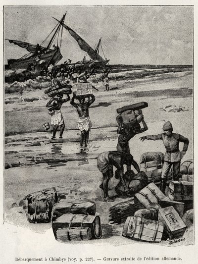 A Peters-expedíció partraszállása Chimbyében (Tanzánia). Metszet az „Au secours d