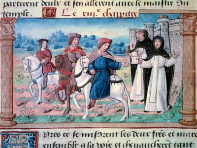 Nicolo és Matteo Polo testvérek, az ifjú Marco Polo (1254-1324) apja és nagybátyja távozása a fiatalemberrel 1271 körül. Miniatűr a „” Csodák könyvéből””” („” Devisement du monde”, „” Il Milione”), Marco Polo (1254-1324) 1298 Bibl. alkotó: Unknown artist