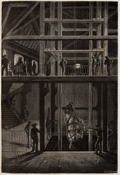 Egy ló leereszkedése a creusot-i bányákban, földalatti alagutakban szénszállító kocsik szállítására használták. L. Simonin 1865-ös metszete a Creusot-ba, valamint Saone és Loire bányáiba tett utazás szemléltetésére a „” Le tour du monde, nouveau journal de alkotó: Unknown artist