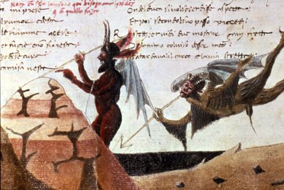 Az ördögök a pokol körében Dante Alighieri (1265 - 1321) 14. századi Divina Commedia (Isteni színjáték) kézírásos kiadása után. Bibl.Trivulziana Milan. alkotó: Unknown artist