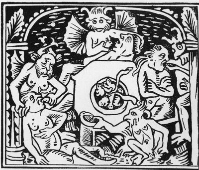 Az ördögkínzók varangyokat és kígyókat kényszerítenek a falánkokra - "" Grand Calendrier et Compost des Bergers"", Lyon alkotó: Unknown artist