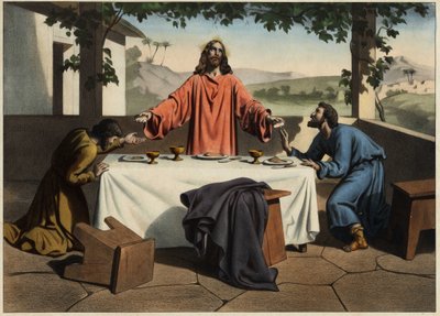 Emaus (Emmaus) tanítványai húsvét estéjén találkoznak a feltámadott Krisztussal, aki kenyeret oszt. Névtelen metszet a 19. század közepéről. alkotó: Unknown artist
