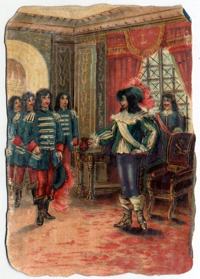 A viszály a három testőr és Jules Mazarin bíboros (Giulio Raimondo Mazzarino vagy Mazarino) (1602-1661) gárdája között. századi kromolitográfiája. alkotó: Unknown artist