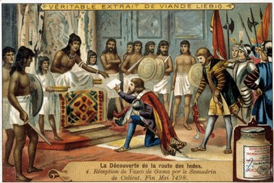 Az indiai útvonal felfedezése: Vasco da Gama fogadása a kalicuti samudrinnál, 1498 május vége - Liébig reklámmatrica alkotó: Unknown artist
