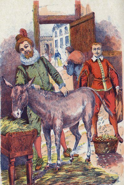 A szamár arany ekusszal. Illusztráció Charles Perrault (1628-1703) francia író „” szamárbőr” című meséjéhez. Névtelen illusztráció. Képek Marcel Vagne, Jarville Nancy, dátum nélküli (19. század vége). alkotó: Unknown artist