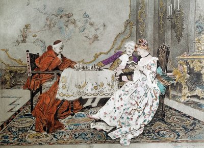 A kettős rész Egy bíboros sakkjátszmát vív egy fiatal férfi ellen, aki csábító játszmát folytat egy fiatal nővel a közelében. századi illusztráció. Párizs, dekoratív művészet alkotó: Unknown artist