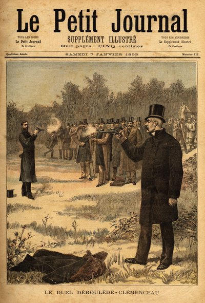 A (1626 óta Franciaországban betiltott) pisztolypárbaj Paul Deroulede (1846-1914) és Georges Clemenceau (1841-1929) képviselői között nem árt. Metszet a „” Le petit Journal”-ban 1893.07.01. Selva gyűjteménye. alkotó: Unknown artist