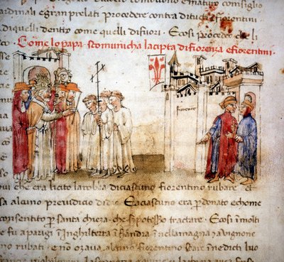 Firenze és a firenzeiek kiközösítése 1375-ben - a „Croniche del Sercambi”-ban, 1400 körül. alkotó: Unknown artist