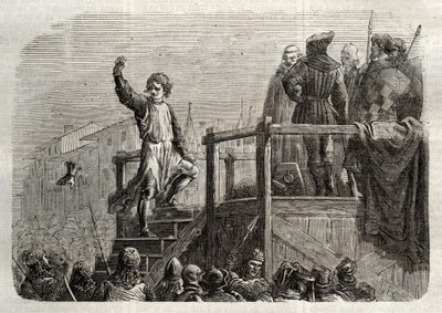 Konradin (vagy Hohenstaufeni Konrád) szicíliai király és sváb herceg (1252-1268) kivégzése Anjou Károly parancsára az 1268-as tagliacozzói csata után” (Konradin (vagy Konrád ifjabb), utolsó Staufer király kivégzése Szicília, követve alkotó: Unknown artist