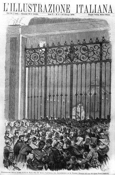 Pius pápa (1792 - 1878) holttestének kiállítása a vatikáni Sacramento kápolnában. A „” lillustrazione italiana”” borítója 1878 februárjából. alkotó: Unknown artist