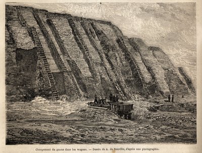 A guanó (tengeri madarak ürüléke, mezőgazdasági műtrágyaként történő felhasználás) kitermelése, a Chincha-szigetek szikláit (közel a perui partokhoz) lépcsőkön ásják ki az intenzív nyersanyag betakarítás érdekében, amelyet a vagonokba rakva közvetlenül a c alkotó: Unknown artist