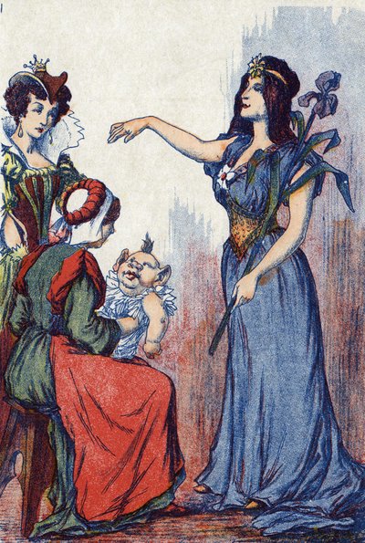 A honorárium azt vetíti előre, hogy Riquetnek sok esze lesz. Illusztráció a „Riquet à la houppe”-hoz, Charles Perrault (1628-1703) francia író meséje. Névtelen illusztráció. Képek Marcel Vagne, Jarville Nancy, dátum nélküli (19. század vége). alkotó: Unknown artist