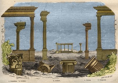 A klasszikus (ókori) építészet öt rendje: korinthoszi, dór, jón, toszkán és összetett, mindegyiket egy-egy oszlop képviseli. Metszet 1857-ből a „Le Musee Des Sciences”-ben alkotó: Unknown artist