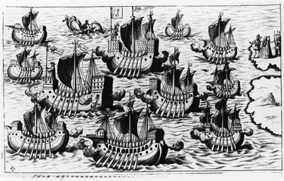 Kolumbusz Kristóf (Cristoforo Colombo) flottája az új világ meghódítására – Philoponus Honorius „Új Tipusz az új világ utazása után” című művében alkotó: Unknown artist
