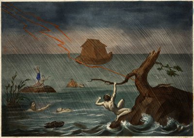 Az özönvíz Noé bárkájával a távolban. Névtelen metszet a 19. század közepéről. alkotó: Unknown artist