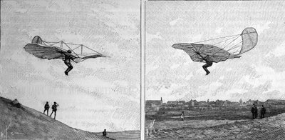 Otto Lilienthal (1848-1896), német repülési úttörő repülő repülőgépe két különböző pozícióban (azonnali fényképről). Metszet az 1894. február 3-i „” La Nature: revue des sciences et de leurs applications aux arts et a l