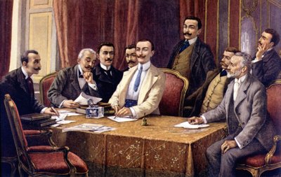 L. Delleani Fiat alapítói (1840 - 1908). Balról (ülnek): Bisometti gróf, Racca ügyvéd, Bricherasso gróf, Ceriana, Giovanni Agnelli, Scarfiotti ügyvéd, Ferrero és (áll) Luigi Damevino és Goria Gatti ügyvéd. SD. 19. század vége alkotó: Unknown artist