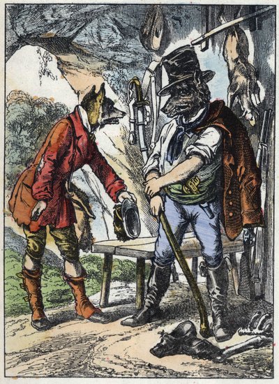 A róka és a farkas. Illusztráció a „Jó anya bárány” című meséhez. A „” Mesék otthonról a kicsiknek” c. századi névtelen metszet. alkotó: Unknown artist