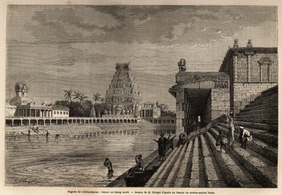 A Chillambaran Pagoda ghaut vagy szent tava, amely a Bengáli-öbölben található, Pondichery (Pondicherry) közelében (India); néhány fideles leereszkedik a monumentális lépcsőn, hogy megfürödjön vagy tisztító mosdást végezzen. Metszet egy expedíció illusztrá alkotó: Unknown artist