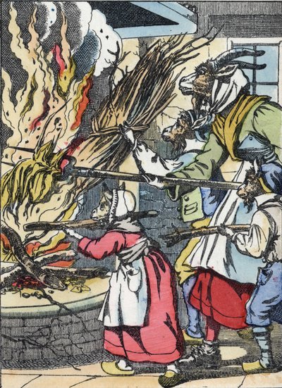 A kecske és a csecsebecsék felgyújtották a kéményt. A „Compere le Loup, Maitre Renard, Comere la Chevre et ses petits biquets” című mese illusztrációja Jean de la Fontaine meséje után. A „” Mesék otthonról a kicsiknek” c. Névtelen metszet alkotó: Unknown artist