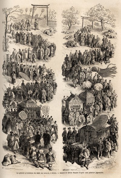A Mikado (Japán császár) nagy körmenete Heian-kyo (Heian Kyo, mai Kiotó) ősi császári kastélyában, a Dairinél 794-től 1869-ig. Metszet az 1863-1864-es japán utazás szemléltetésére, Írta: Aime Humbert, a svájci miniszter alkotó: Unknown artist