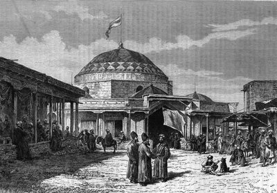 Az üzbegisztáni szamarkandi nagy bazár (Samarqand vagy Szamarkand) a XIX. Metszet az 1888-as „” le Journal de la Jeunesse „”-ban. alkotó: Unknown artist