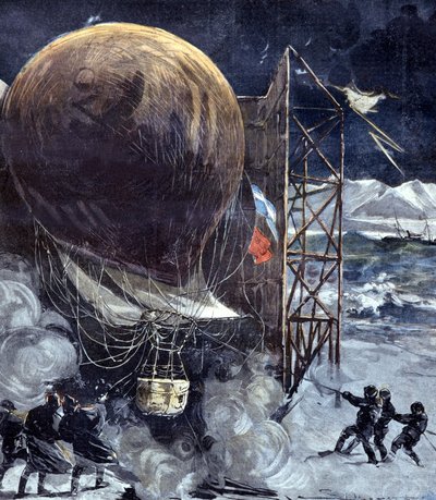 Solomon Andrée (1854 - 1897) svéd mérnök Oernen (Aquila) hidrogénballonja egy hóviharban egy dániai szigeten, röviddel az Északi-sarkra való indulás előtt, amely expedíció elveszik. 1897 alkotó: Unknown artist