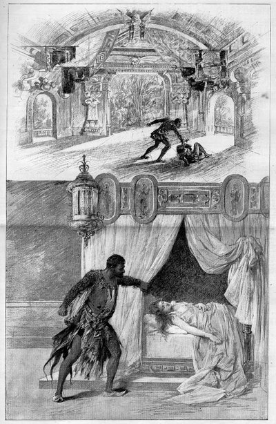 Az illusztris színház: Otello (Othello), Giuseppe Verdi (1813-1901) olasz zeneszerző operája február 12-én a milánói Scala Színházban képviselteti magát. Metszet a „Le monde illustrious”-ban” alkotó: Unknown artist