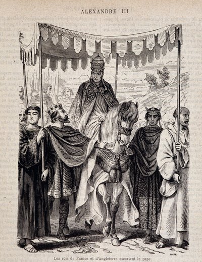 VII. Lajos francia (1120-1180) és Anglia királyai kísérik III. Sándor pápát – a „Histoire des popes” című könyvben, n.d. alkotó: Unknown artist