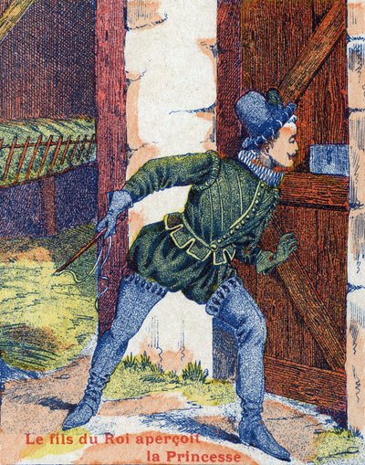 A király fia meglátta a hercegnőt. Illusztráció Charles Perrault (1628-1703) francia író „” szamárbőr” című meséjéhez. Képek Marcel Vagne, Jarville Nancy, dátum nélküli (19. század vége). alkotó: Unknown artist