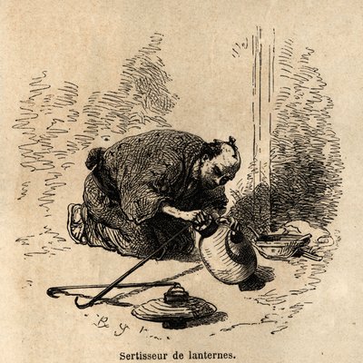 A lámpás krimpelő a bilincsen kívül minden más eszköz nélkül hozzáigazítja a papírlámpákhoz a karikás és drótkampók keretét. Aime Humbert, a Svájci Államszövetség minisztere 1863–1864-es metszetét a japán utazás szemléltetésére tette közzé. alkotó: Unknown artist