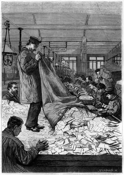 A nagy levéltáblák a párizsi Rue du Louvre-on található Hotel des Postes válogatóközpontjaiban. Metszet a „La jeunesse” folyóiratban alkotó: Unknown artist