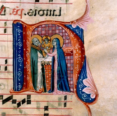 Az "N" betű a templomi bemutatót ábrázolja: az Antiphonary f.36v alkotó: Unknown artist